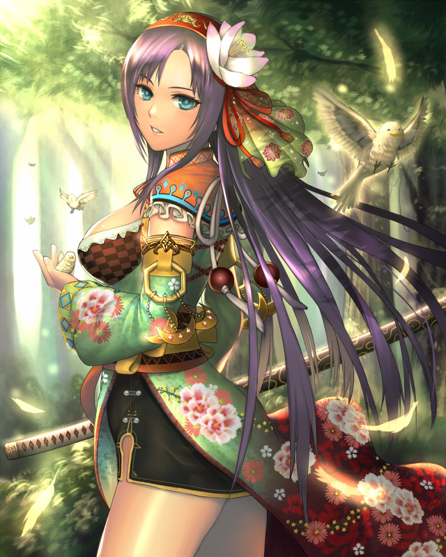 aqua_eyes, bird, breasts, bushin_renkei_zero, cleavage, flower, hair_flower, hair_ornament, hairband, japanese_clothes, kasen_(kasenjiki), long_hair, looking_at_viewer, miniskirt, nature, parted_lips, purple_hair, scenery, sheath, sheathed, side_slit, skirt, solo, sword, weapon