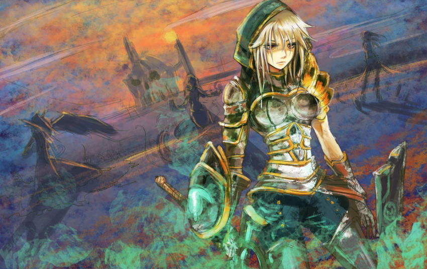 armor, beancurd, buckler, cassiopeia_du_couteau, hoodie, katarina_du_couteau, league_of_legends, morgana, red_eyes, riven, riven_(league_of_legends), solo, sword, sword_art_online, weapon, white_hair