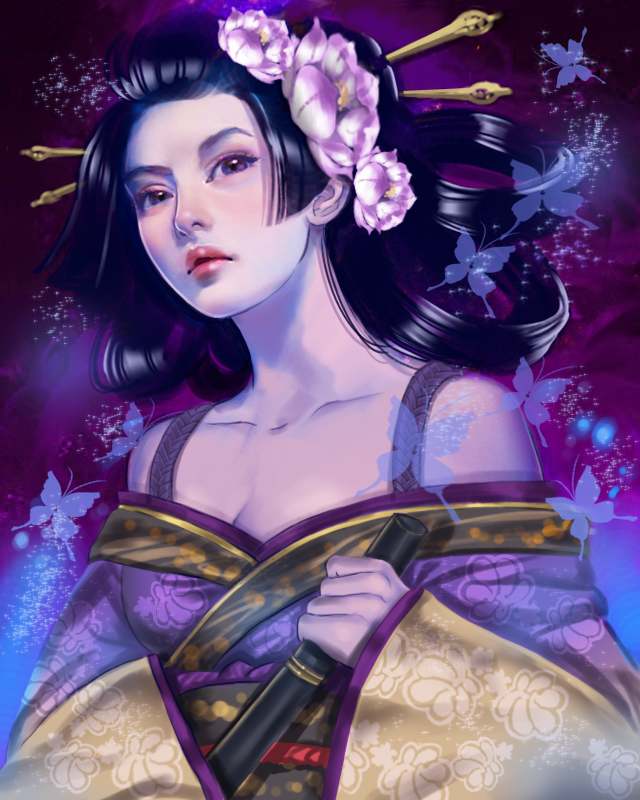 bad_id, bare_shoulders, black_hair, breasts, bushin_renkei_zero, bust, butterfly, cleavage