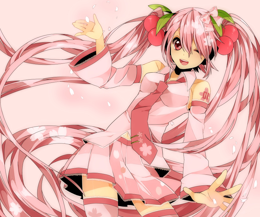 absurdres, cherry, detached_sleeves, food, fruit, hatsune_miku, headphones, highres