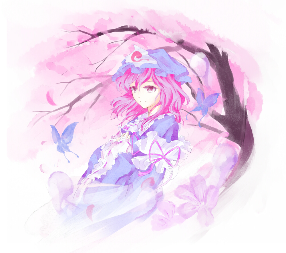 arm_ribbon, blue_dress, butterfly, cherry_blossoms, dress, f_kz, ghost, hands_on_own_chest