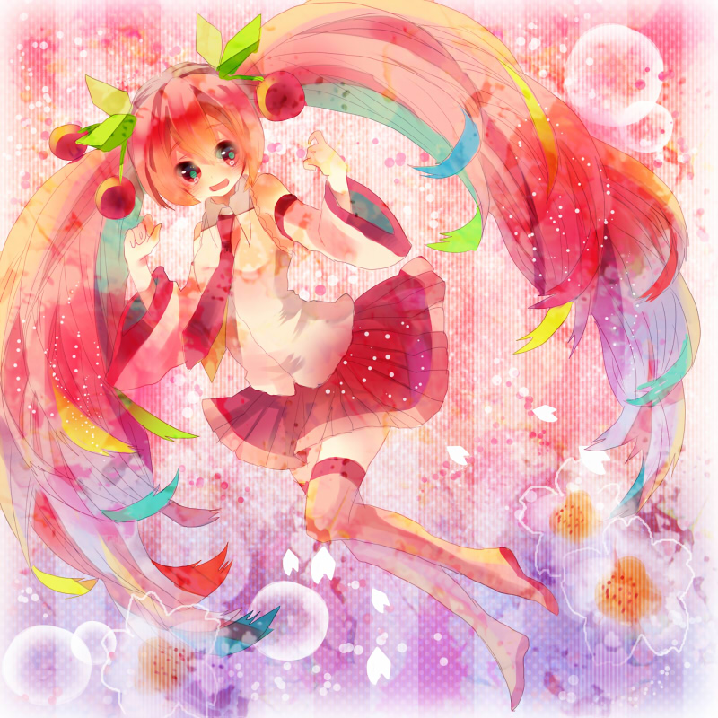 boots, cherry, colorful, detached_sleeves, food, fruit, hatsune_miku, kanji_(bekoji)