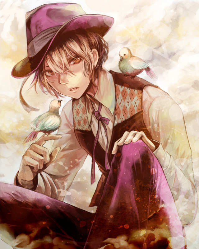 bird, bird_on_hand, bird_on_shoulder, blonde_hair, brown_eyes, fedora, hat, male, original, ribbon, routemoc, solo, vest