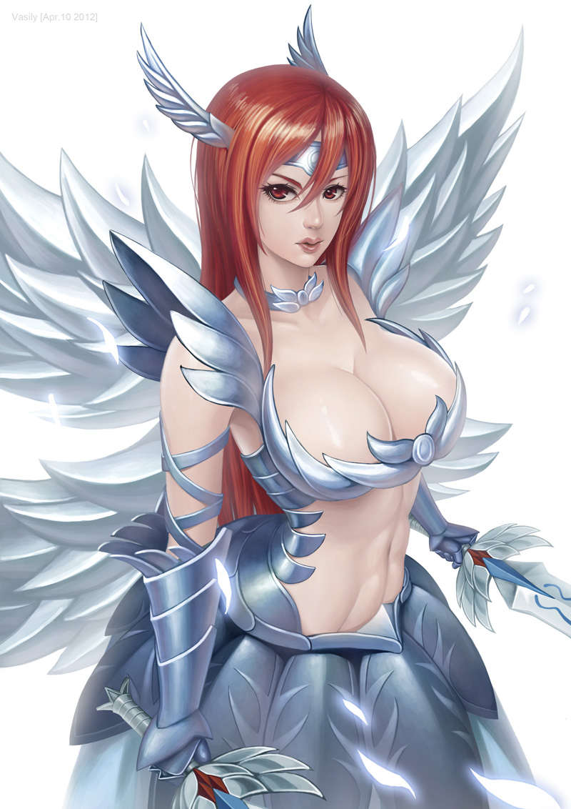 armor, breasts, cleavage, dual_wielding, erza_scarlet, fairy_tail, feathers, gauntlets