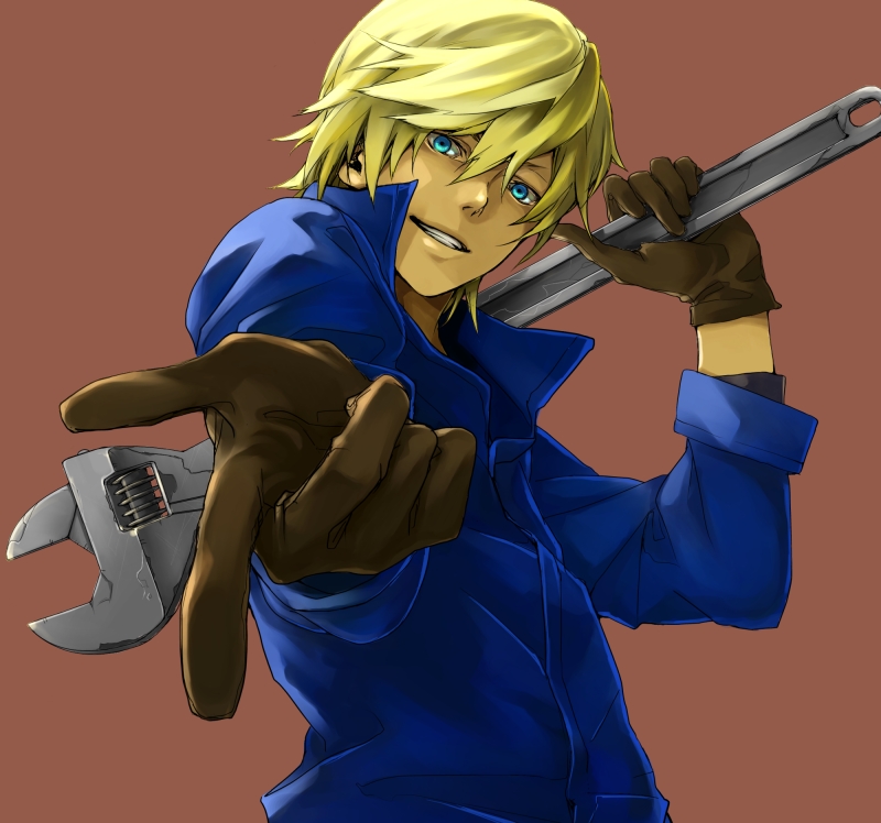 aqua_eyes, baccano!, blonde_hair, gloves, graham_spector, grin, itigojam11234, male, oversized_object, short_hair, smile, solo, wrench