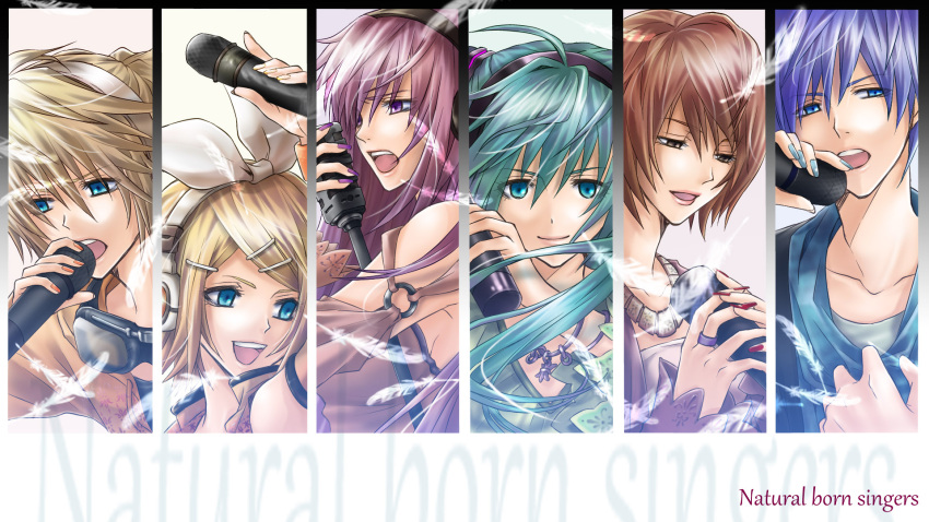 4girls, aqua_eyes, aqua_hair, blonde_hair, blue_hair, bracelet, brown_eyes, brown_hair