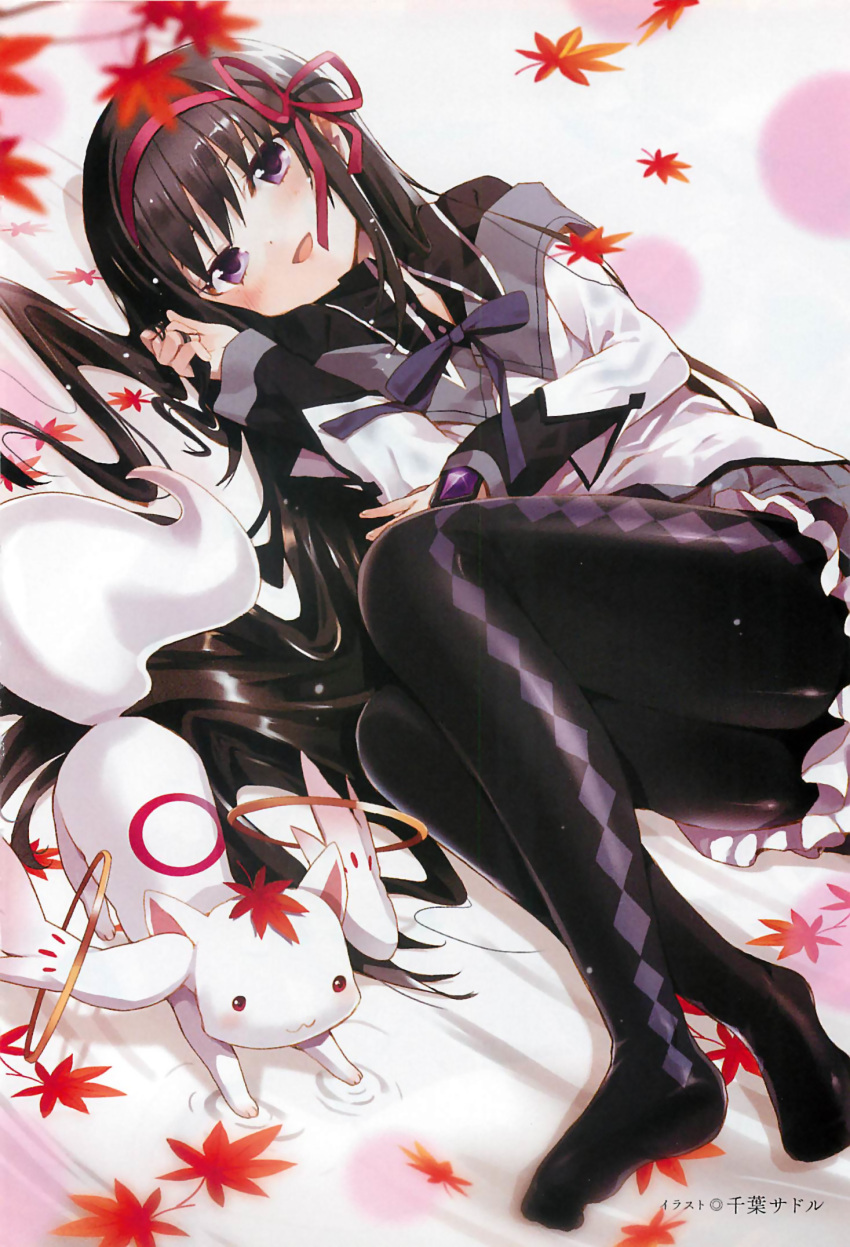 akemi_homura, argyle, argyle_legwear, black_hair, black_legwear, blush, chiba_sadoru, hair_ribbon