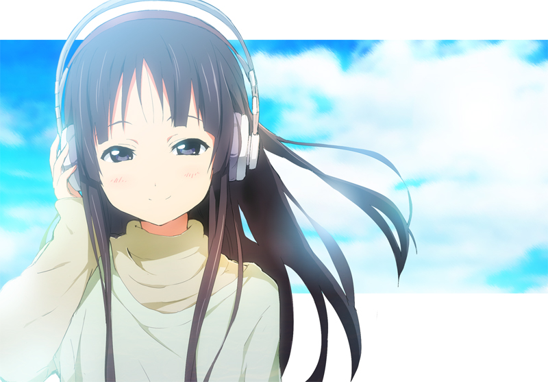 akg, akiyama_mio, black_hair, blush, cloud, hatasuke, headphones, k-on!