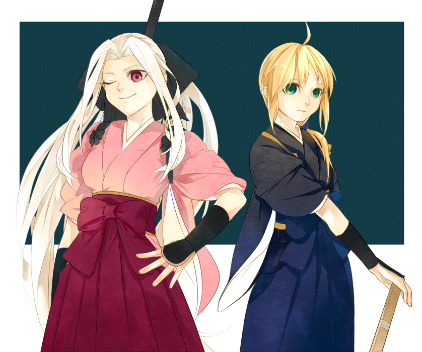 blonde_hair, fate/zero, fate_(series), green_eyes, irisviel_von_einzbern, istkeinmal, japanese_clothes, long_hair, ponytail, red_eyes, saber, silver_hair, smile, stkeinmal, wink