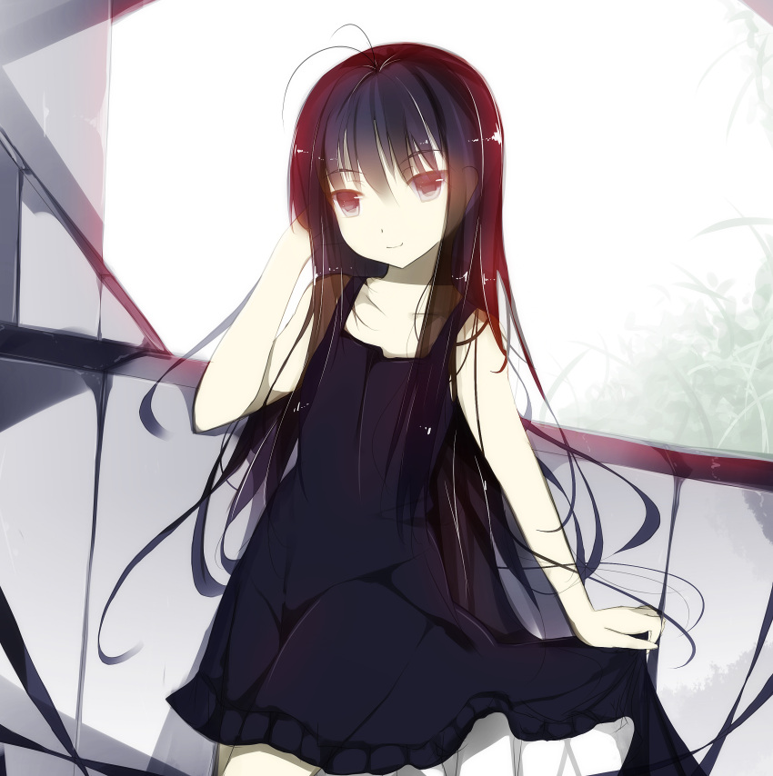 absurdres, accel_world, adjusting_hair, antenna_hair, bare_shoulders, black_hair, dress, highres