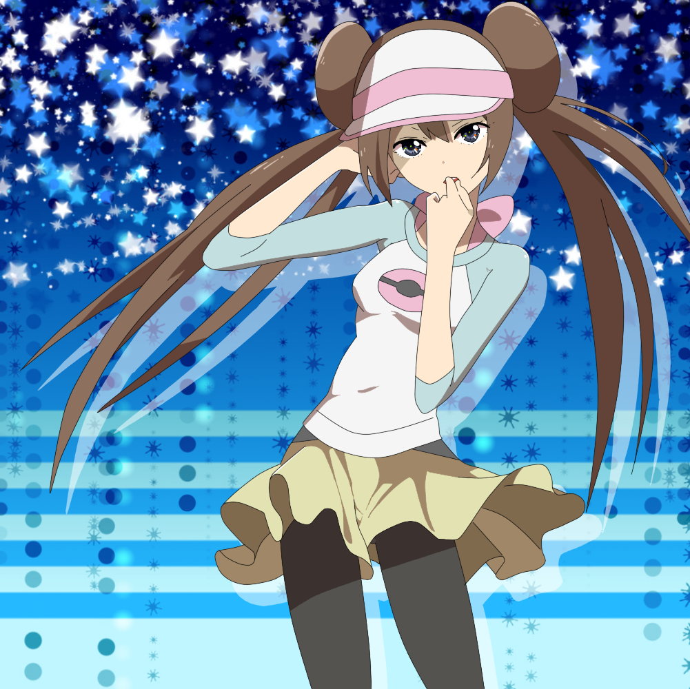 black_legwear, blue_background, blue_eyes, breasts, brown_hair, cowboy_shot, derivative_work, double_bun