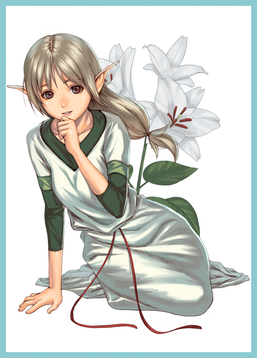 arm_support, brown_eyes, flower, highres, long_hair, original, pointy_ears, smile, solo, yukihiro
