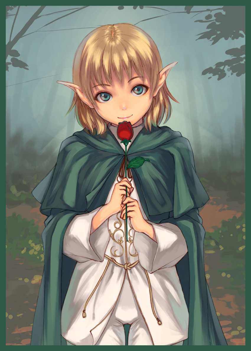 blonde_hair, cape, face, flower, green_eyes, highres, light_smile, original