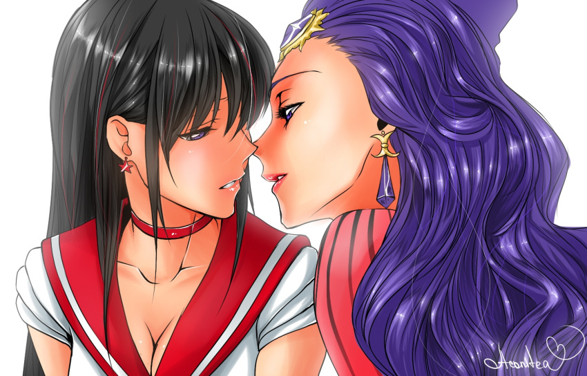 aconitea, bishoujo_senshi_sailor_moon, black_hair, black_moon_clan, earrings, hino_rei, incipient_kiss, jewelry, koan, lips, long_hair, multiple_girls, purple_eyes, purple_hair, sailor_mars, violet_eyes, yuri