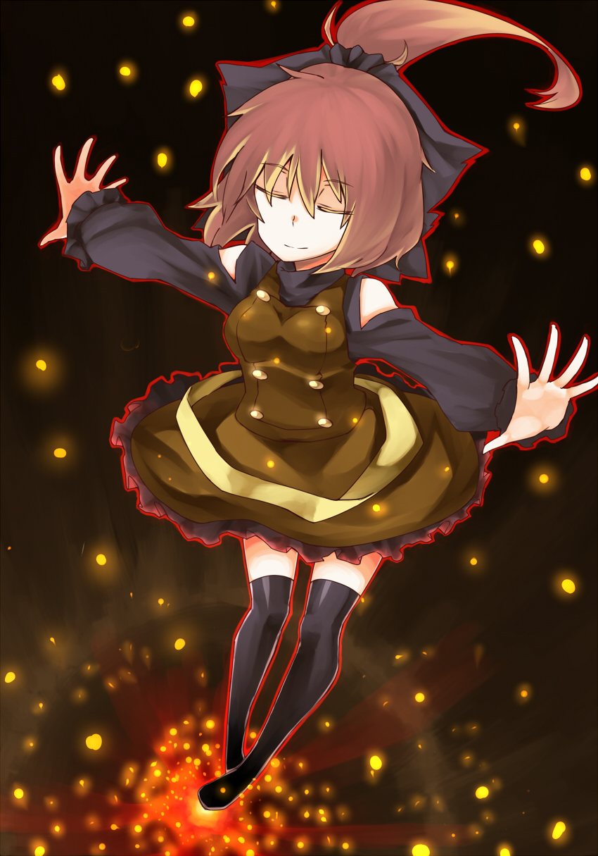 bare_shoulders, black_legwear, blonde_hair, blush, bow, dress, hachi105, hair_bow