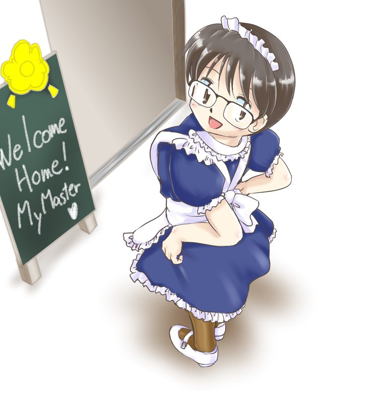 alternate_costume, apron, black_hair, breasts, brown_eyes, enmaided, frills, glasses