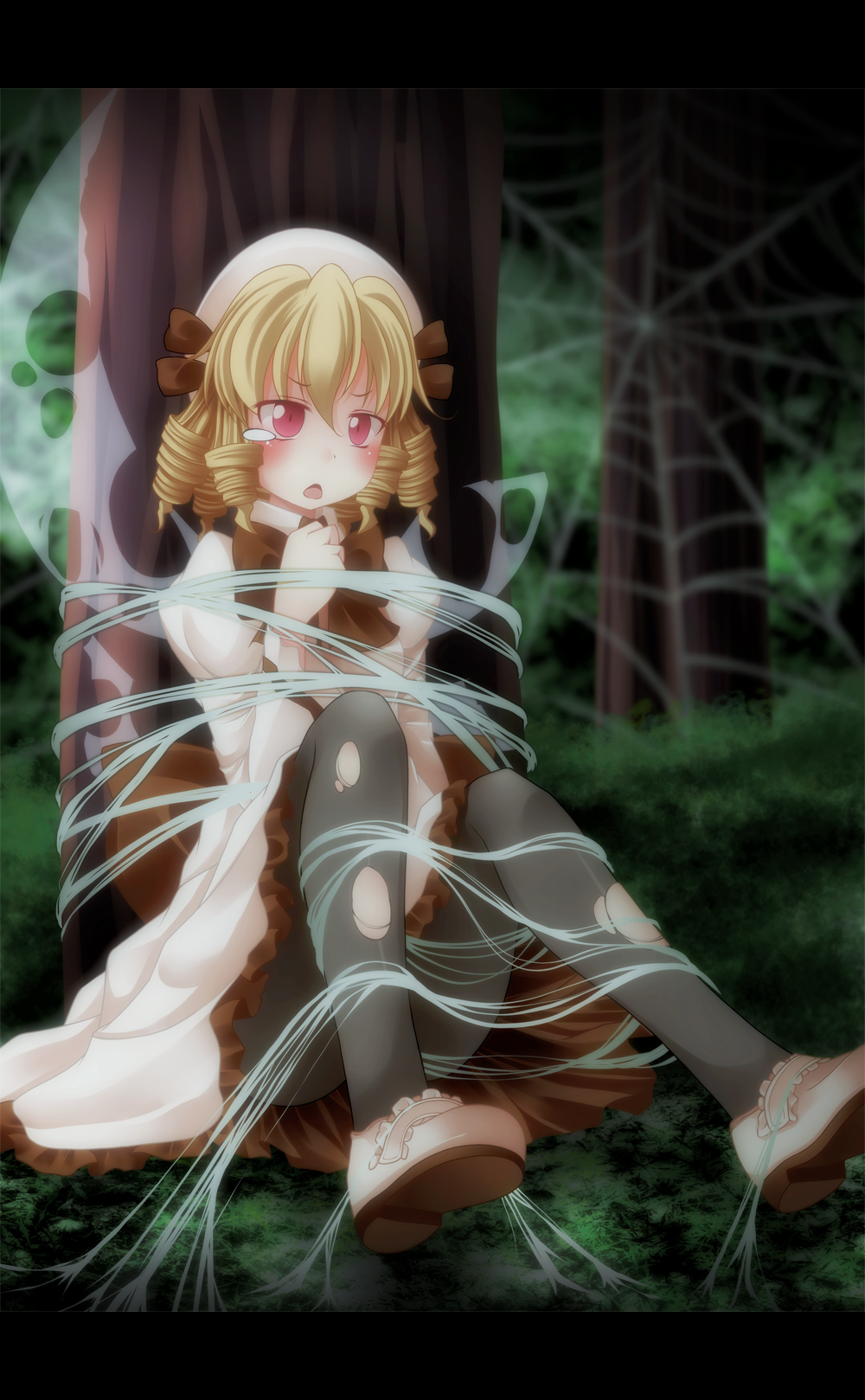 blonde_hair, blush, dress, drill_hair, fairy_wings, hair_drills, hat, highres, letterboxed, luna_child, open_mouth, pantyhose, s-syogo, solo, spider_silk, spider_web, tears, tied_up, torn_pantyhose, torn_wings, touhou, tree, web, wings