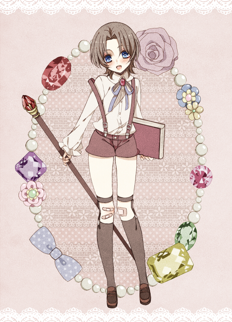 androgynous, bandaid, black_hair, black_legwear, blue_eyes, blush, book, bow, brooch, child, fate/zero, fate_(series), flower, garters, gem, jewelry, kneehighs, male, open_mouth, pearl, pink_rose, ribbon, rose, scepter, short_shorts, shorts, smile, staff, tohsaka_tokiomi, toosaka_tokiomi, xxmlkxx, young