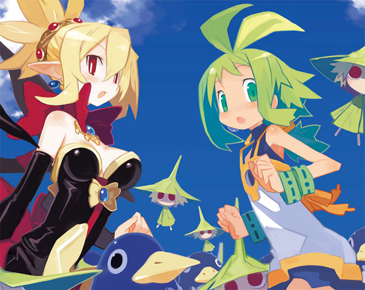 bare_shoulders, blonde_hair, breasts, crossover, disgaea, green_eyes, harada_takehito, jewelry, marona, multiple_girls, necklace, nippon_ichi, official_art, phantom_brave, pointy_ears, prinny, putty, red_eyes, rozalin