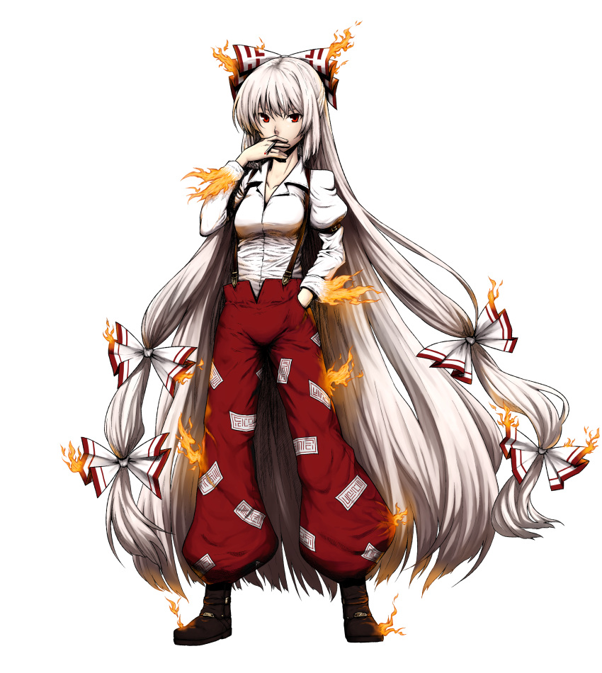 absurdres, boots, bow, cigarette, fire, fujiwara_no_mokou, hair_bow, highres