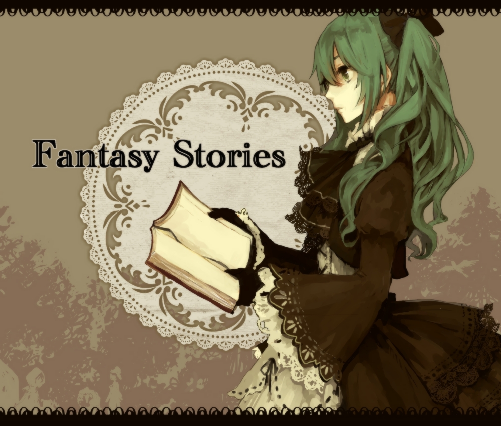 book, crimsonseed, dress, gloves, green_eyes, green_hair, hatsune_miku, profile