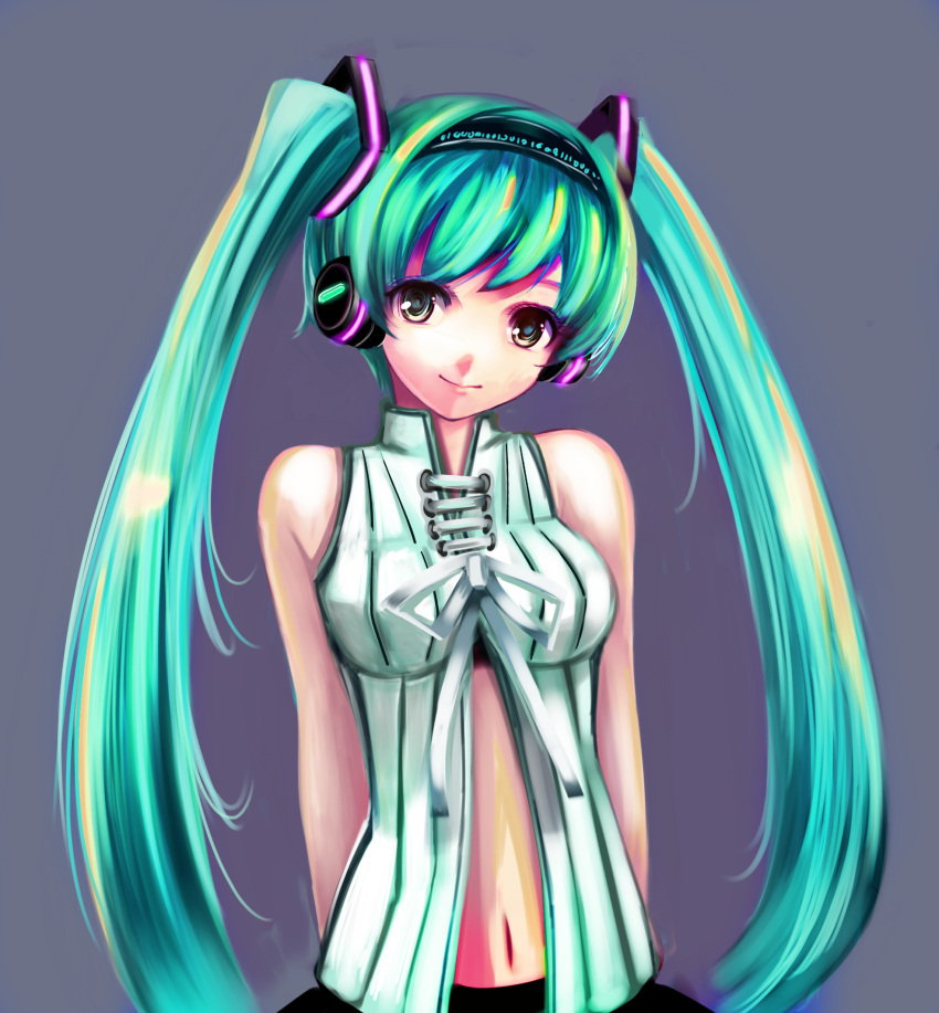 adapted_costume, aqua_hair, bare_shoulders, breasts, center_opening, hatsune_miku, hatsune_miku_(append), head_tilt