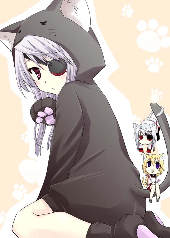 blonde_hair, blue_hair, cat_ears, cat_hood, cat_tail, charlotte_dunois, chibi, eyepatch, hood, infinite_stratos, laura_bodewig, multiple_girls, paw_pose, paw_print, red_eyes, silver_hair, tail, yamaki_suzu