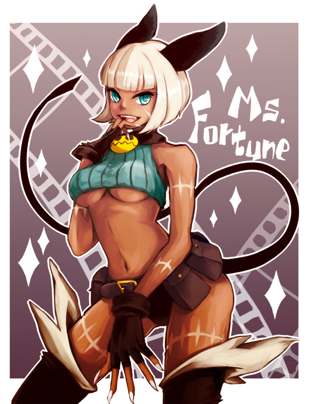animal_ears, aqua_eyes, bare_shoulders, belt, boots, breasts, cat_ears, cat_tail, choma, claws, dark_skin, fingerless_gloves, fingernails, gloves, nadia_fortune, navel, scar, short_hair, silver_hair, skullgirls, solo, sparkle, tail, under_boob, underboob