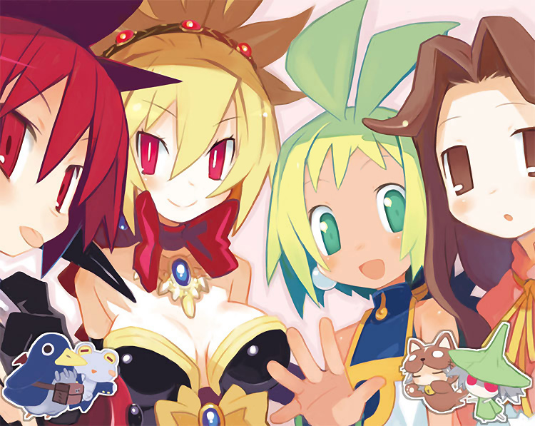 4girls, blonde_hair, breasts, castille, crossover, disgaea, etna, green_eyes