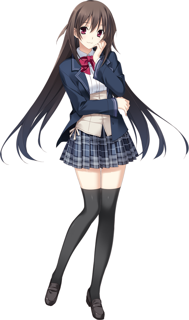 :3, artist_request, ashikawa_yukino, black_legwear, blazer, brown_hair, gradient_hair, hotchkiss, loafers, long_hair, marui_(koedame), multicolored_hair, plaid, plaid_skirt, red_eyes, school_uniform, shoes, skirt, solo, thigh-highs, thighhighs, transparent_background, very_long_hair, zettai_ryouiki