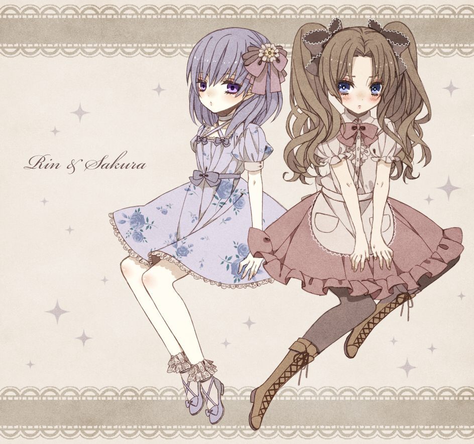 blue_eyes, boots, brown_hair, child, dress, fate/zero, fate_(series), frills, hair_ribbon, long_hair, matou_sakura, multiple_girls, pantyhose, purple_eyes, purple_hair, ribbon, short_hair, siblings, sisters, tohsaka_rin, toosaka_rin, twintails, violet_eyes, xxmlkxx, young