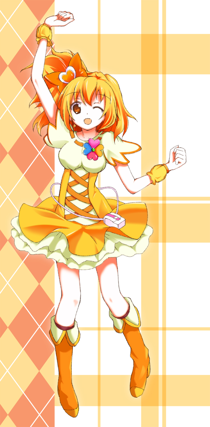 ;d, boots, bow, cure_pine, dress, fresh_precure!, hair_bow, heart