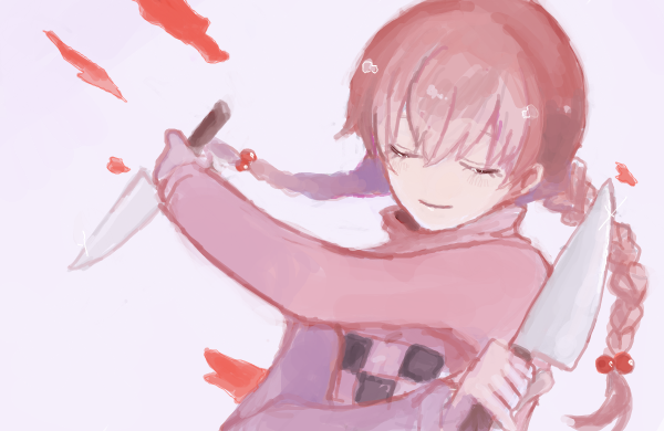 blood, braid, closed_eyes, drawr, eyes_closed, knife, madotsuki, smile