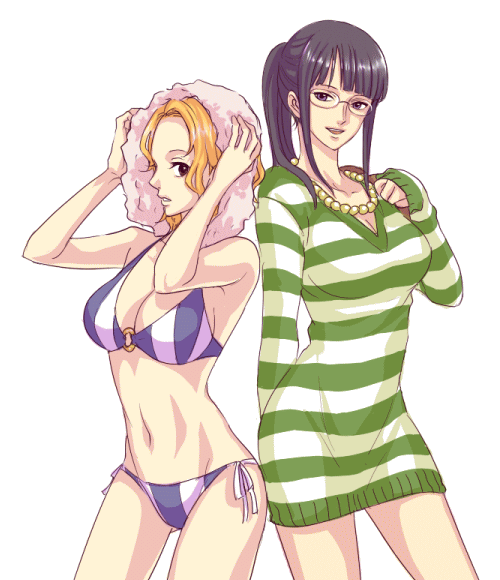 glasses, jewelry, nami, necklace, nico_robin, o-ring_top, one_piece, one_piece:_strong_world, side-tie_bikini, striped, striped_bikini, striped_swimsuit, sweater_dress, swimsuit, tiga2, towel