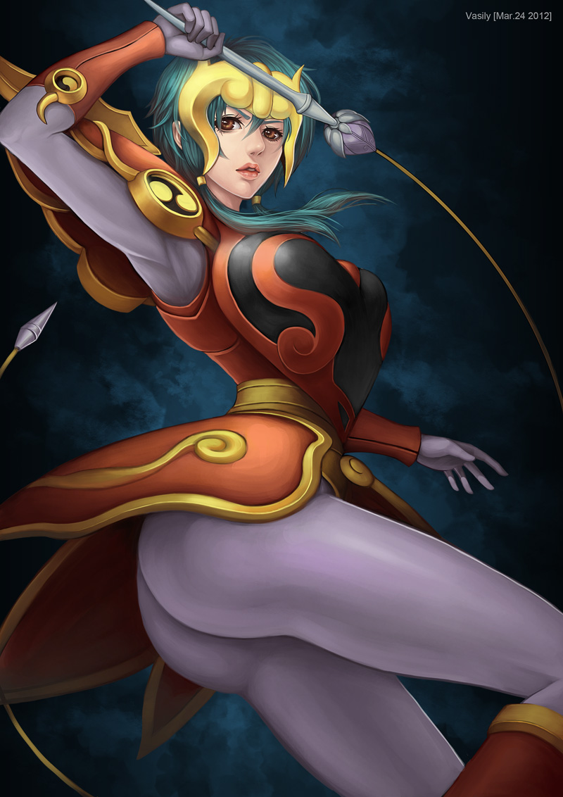 80s, armor, ass, bad_id, bodysuit, brown_eyes, green_hair, hair_tubes