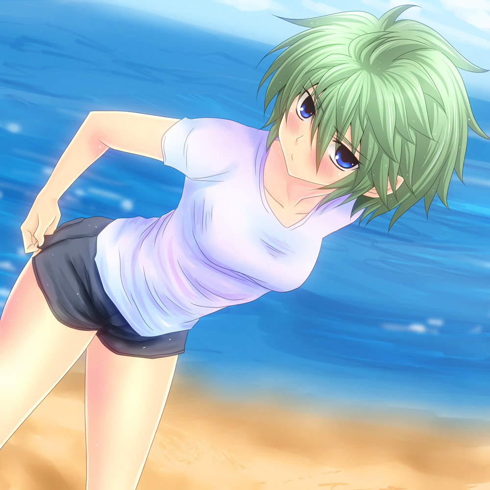 adjusting_clothes, beach, blue_eyes, breasts, collarbone, dutch_angle, ester_elhas, green_hair, leaning_forward, ocean, short_hair, short_shorts, shorts, solo, super_robot_wars, super_robot_wars_z2, t-shirt, taut_shirt, watarui