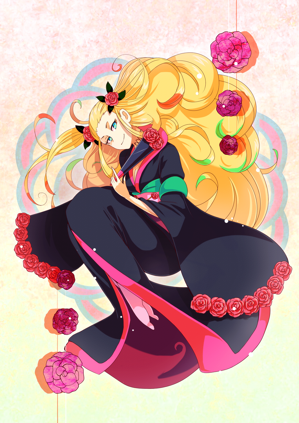 blonde_hair, blue_eyes, breasts, cleavage, fan, flower, hair_flower, hair_ornament, highres, hiteihime_(katanagatari), japanese_clothes, katanagatari, kimono, long_hair, rose, shinope, smile, solo