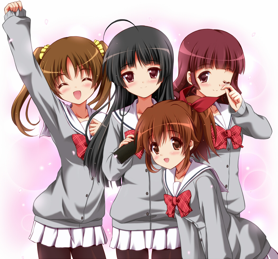 :d, ^_^, ahoge, arm_up, asaka_hinata, black_hair, black_legwear, blush, bow, brown_eyes, brown_hair, cardigan, chisato_(missing_park), closed_eyes, diploma, eyes_closed, graduation, jewelpet_(series), jewelpet_sunshine, kikuchi_kaede, mizushiro_kanon, multiple_girls, open_mouth, pantyhose, ponytail, raised_arm, saotome_komachi, school_uniform, skirt, smile, tears, twintails, wink, wiping_tears