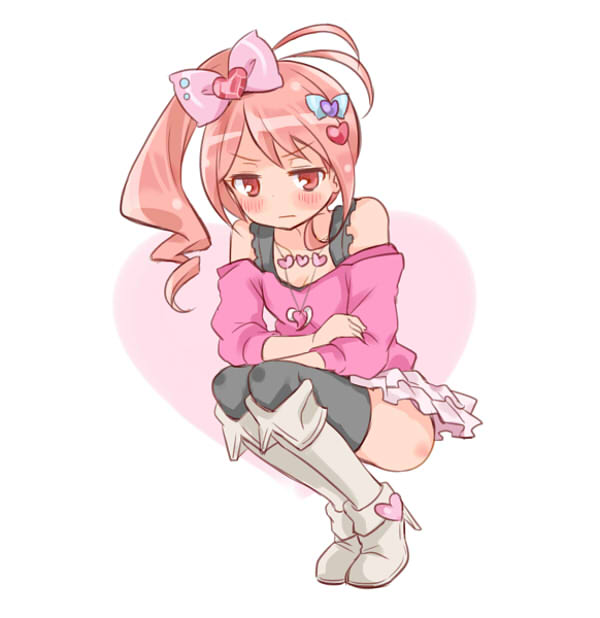altorealize, antenna_hair, bare_shoulders, black_legwear, boots, bow, gem, hair_bow, hair_ornament, heart, jewelpet_(series), jewelpet_kira_deco!, knee_boots, oomiya_pink, pink_eyes, pink_hair, side_ponytail, skirt, solo, squatting, thigh-highs, thighhighs