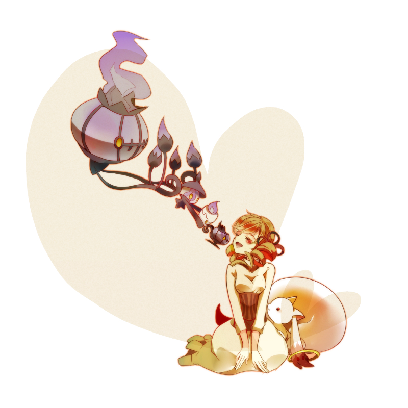 1girl, bad_id, blonde_hair, blush, chandelure, closed_eyes, crossover, cup