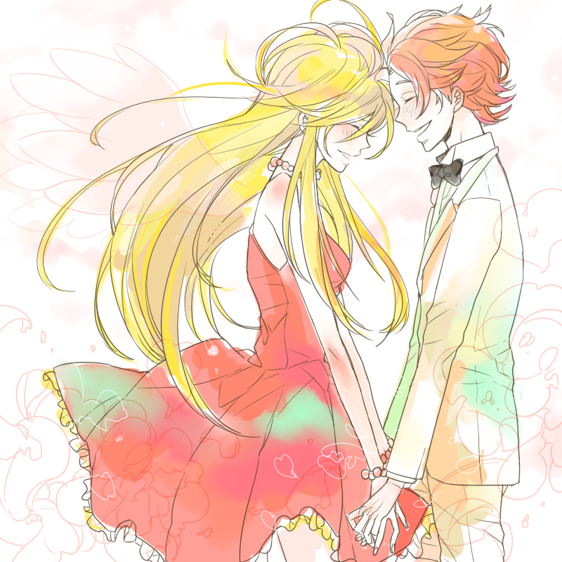1girl, alternate_hairstyle, angel, blonde_hair, blush, bowtie, bracelet, brief_(character)