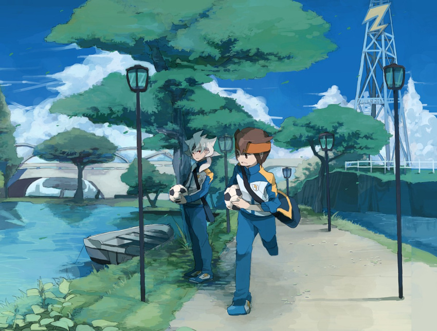 baddap_sleed, ball, boat, building, cloud, endou_mamoru, facial_mark, inazuma_eleven