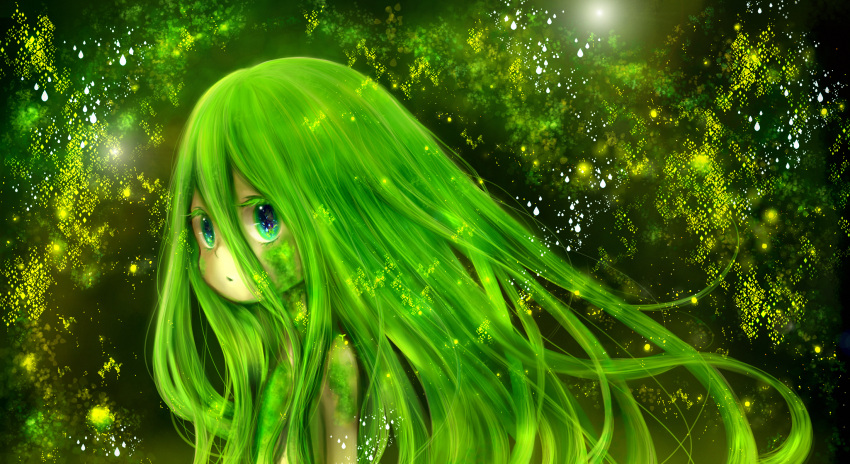 green, green_eyes, green_hair, highres, long_hair, mari_(milkuro), milkuro, nude