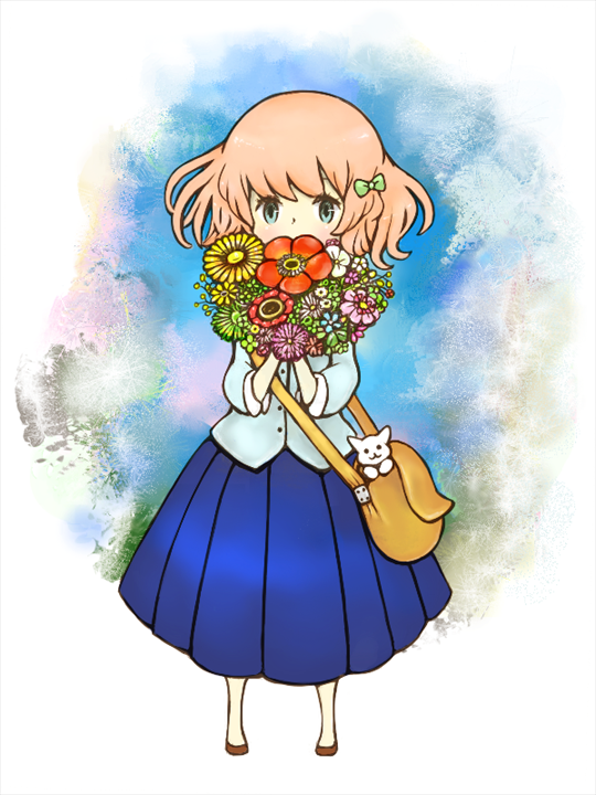 bad_id, bag, blonde_hair, blue_eyes, blush, cat, covered_mouth, flower