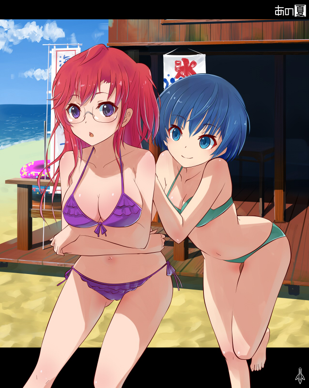 ano_natsu_de_matteru, arched_back, banner, bare_legs, bare_shoulders, barefoot, beach, bikini
