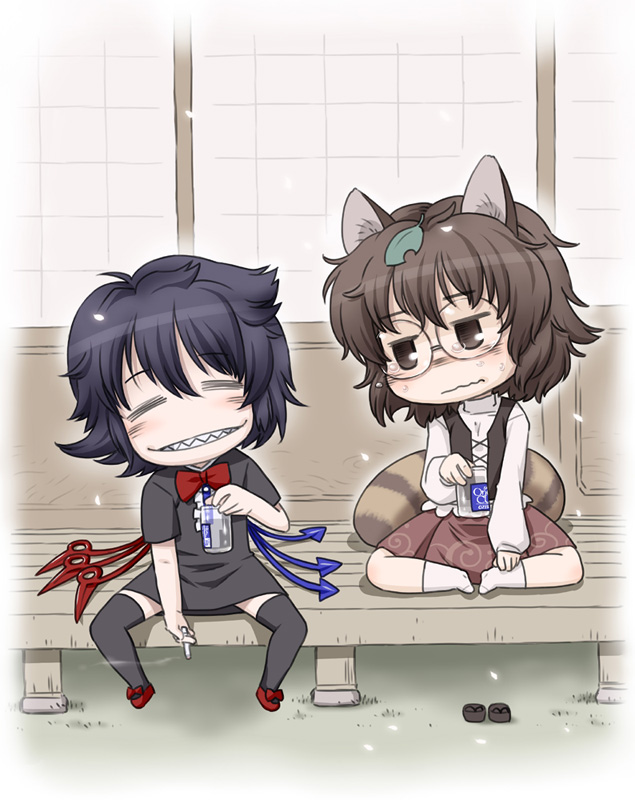 animal_ears, asymmetrical_wings, black_hair, bowtie, brown_eyes, brown_hair, cigarette, cup, futatsuiwa_mamizou, glasses, grin, harukaze_unipo, houjuu_nue, leaf, multiple_girls, raccoon_ears, raccoon_tail, sharp_teeth, sitting, skirt, smile, smoking, tail, tears, teeth, thigh-highs, thighhighs, touhou, unipo, wild_and_horned_hermit, wings, zettai_ryouiki