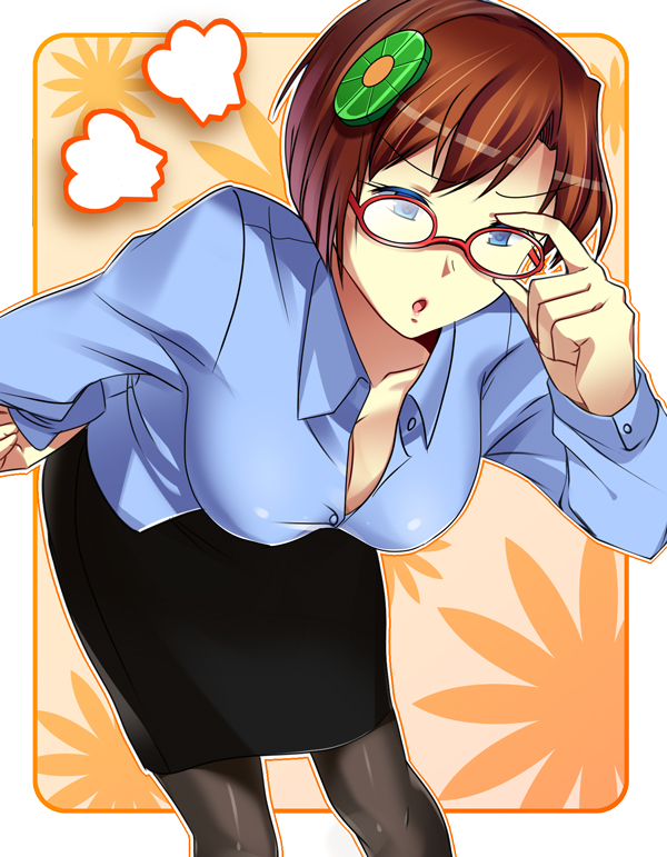 1girl, adjusting_glasses, alternate_costume, angry, bad_id, bent_over, bespectacled, blue_eyes