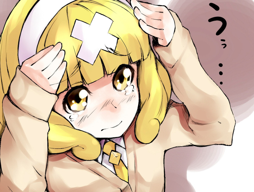 bandage, bandages, blonde_hair, blush, cardigan, hairband, hands_on_head, kise_yayoi