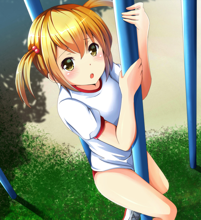 :o, blonde_hair, blush, buruma, gym_uniform, hair_bobbles, hair_ornament, jungle_gym