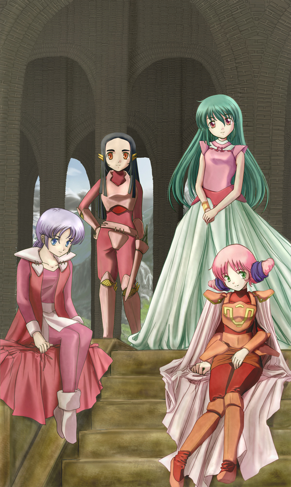 armor, aura_battler_dunbine, black_hair, blue_eyes, boots, bracelet, cape, ciela_lapana, dress, elle_humn, green_eyes, green_hair, hair_ornament, hand_on_hip, hands_clasped, jewelry, kean_keats, multiple_girls, pantyhose, pink_hair, purple_hair, reml_luft, shiela_labarna, usausa